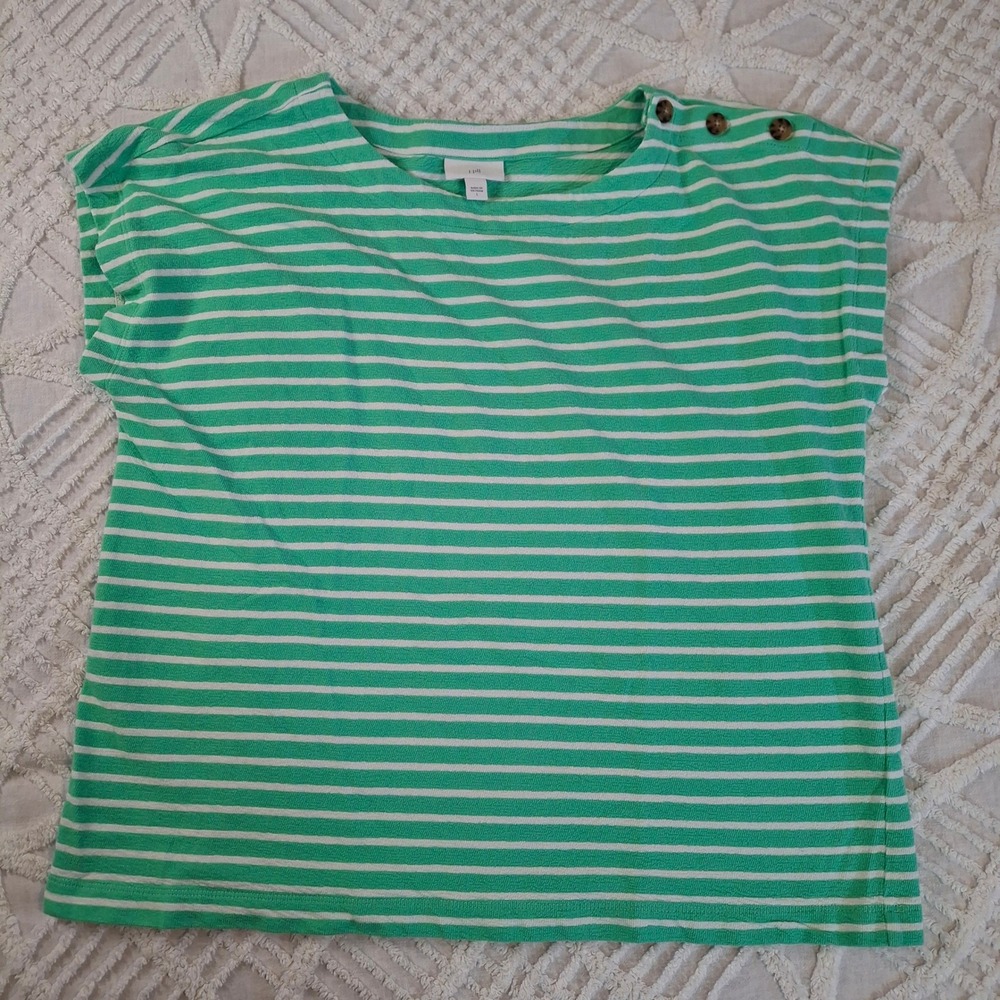 J Jill Women's Large Striped Green Short Sleeve Boat Neck Top Button Shoulder